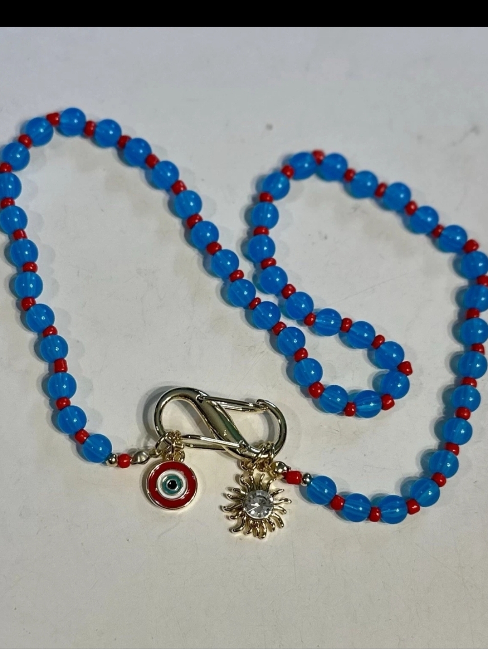 MAYAMAR 24k Gold Plated Sun Evil Eye Charm Necklace with Turquoise & Red Beads - Picture 3 of 4